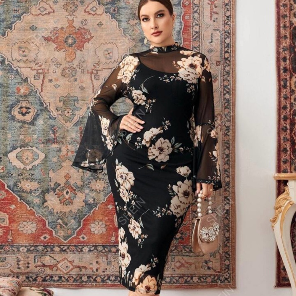 SHEIN Modely Plus Floral Print Trumpet Sleeve Slit Back Mesh Bodycon Dress